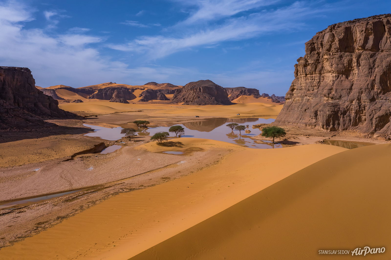 Arid landscape with small retained bodies of water and vegetation
