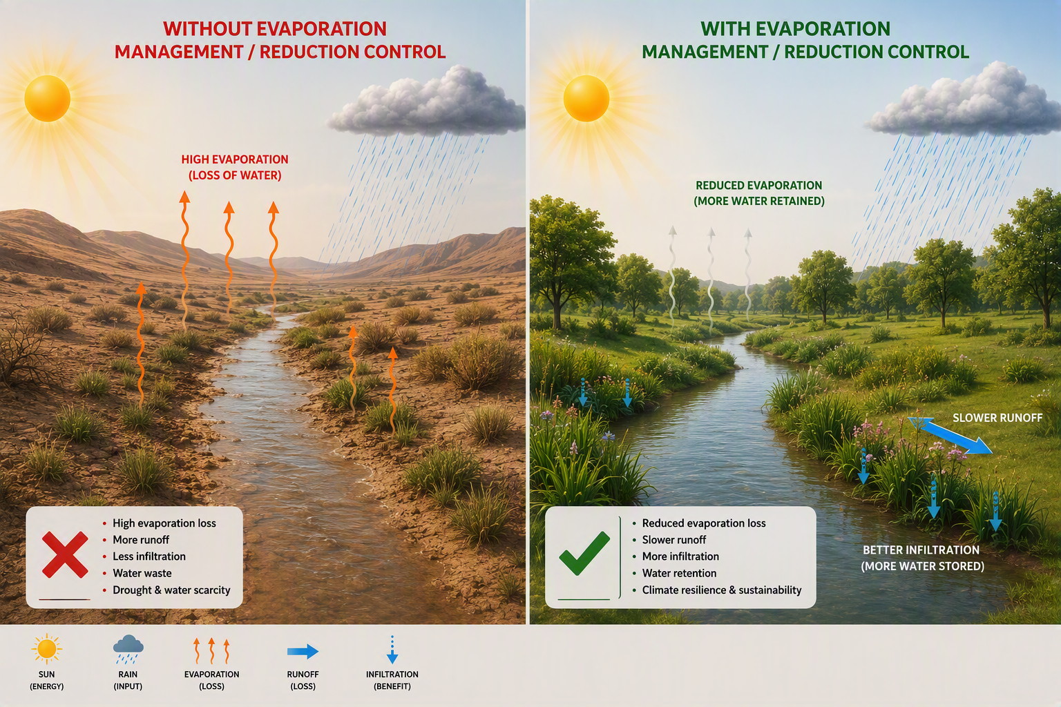 Comparison showing higher evaporation and runoff without evaporation management / reduction, and reduced evaporation, slower runoff and improved infiltration with evaporation management / reduction