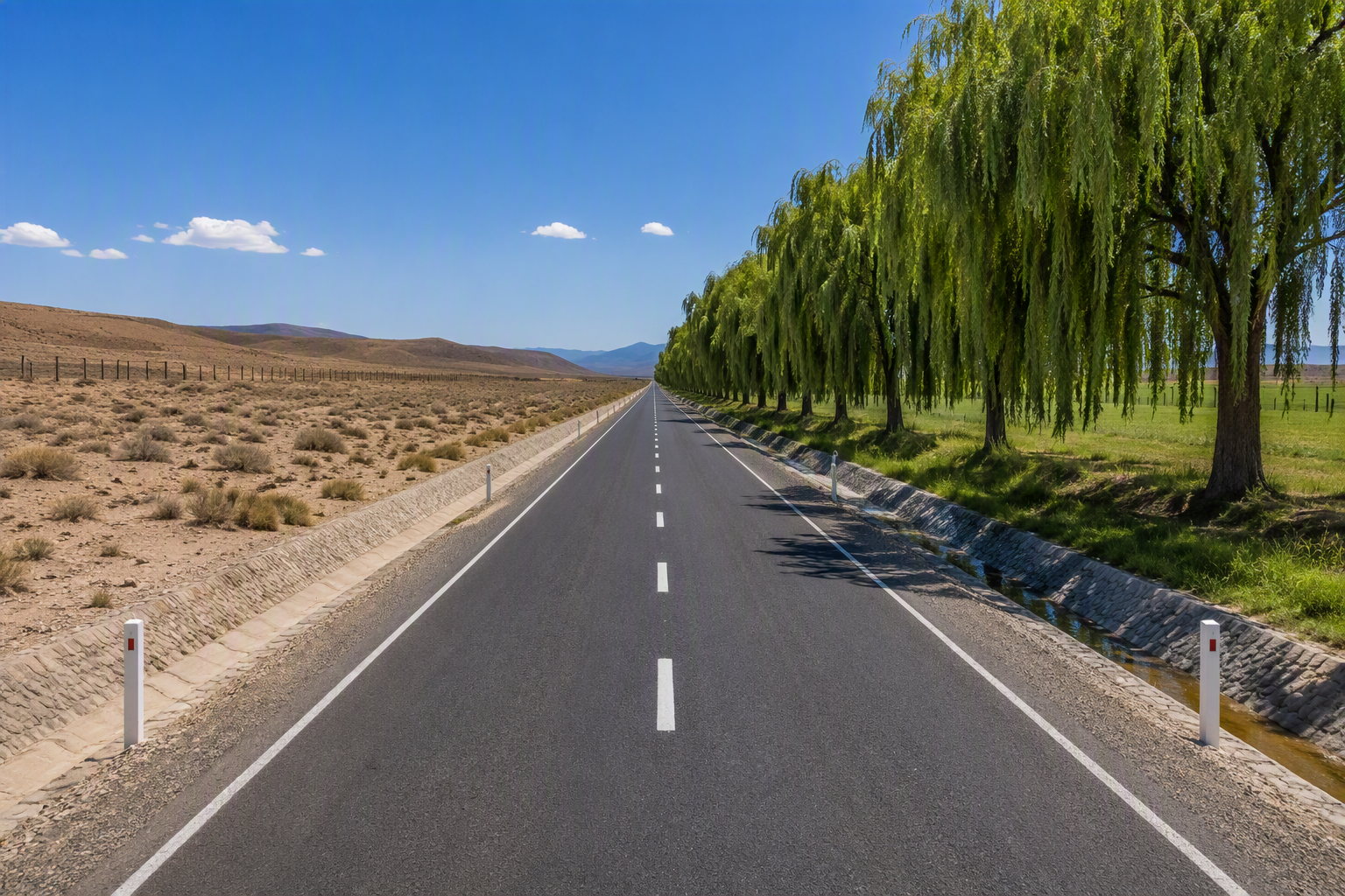 Road corridor with arid land on one side and green vegetation on the other